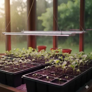 Close-up of LED grow lights hanging above young vegetable starts inside a small greenhouse setup.