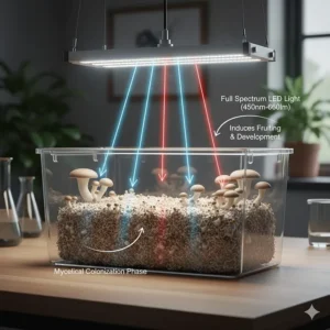 Diagram showing how a full spectrum LED mushroom grow light positioned above a mushroom substrate encourages the formation of fruiting bodies.