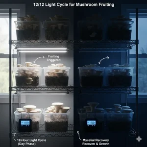 Visual of a 12-hour light and 12-hour dark cycle (12/12) essential for optimal mushroom fruiting using a programmable grow light timer.