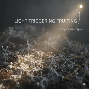 Conceptual image of a subtle light source signaling the mycelium to start forming pins, emphasizing the role of light as a trigger for mushroom growth.