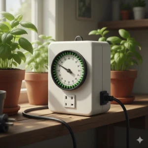 Illustration showing a mechanical grow light timer with an analog dial and push pins, a simple and affordable timer option for basic indoor plant light cycles.