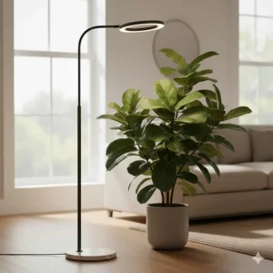 Tall, modern floor lamp grow light stand with a metal base, designed to illuminate a large indoor plant like a fiddle-leaf fig.