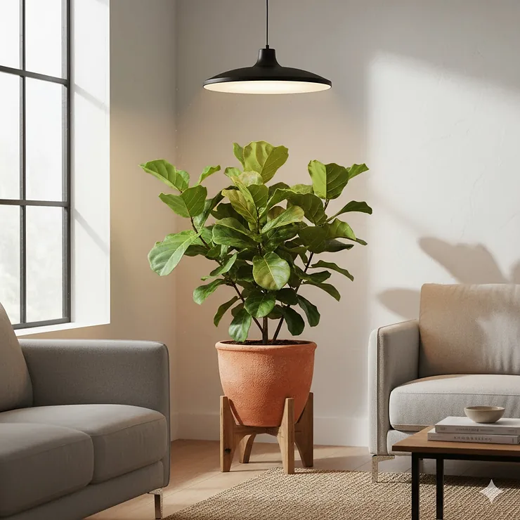Modern LED pendant grow light illuminating a thriving fiddle leaf fig in a contemporary living room.