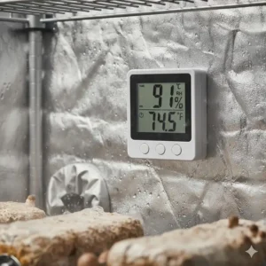 A digital hygrometer display showing the humidity and temperature readings essential for monitoring a mushroom grow tent.