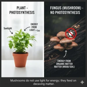 Infographic comparing a plant, which uses light for photosynthesis, with a fungus (mushroom), which feeds on organic matter and does not need light for energy.