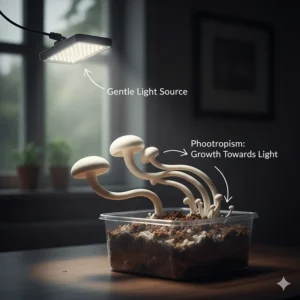 A line drawing illustrating mushroom phototropism, showing the mushroom stem bending towards a gentle mushroom grow light source.