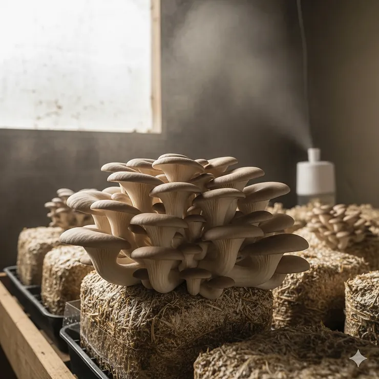 Oyster mushrooms fruiting in a dimly lit, high-humidity grow room, demonstrating that mushrooms need light to grow proper caps and stems. do mushrooms need light to grow