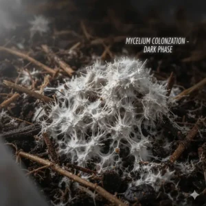 Close-up of white mycelium rapidly colonizing a dark substrate, showing that mushrooms do not need light to grow during this phase.