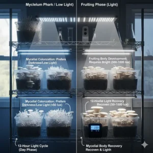 Comparative illustration showing mycelium (dark phase) versus fruiting body (light phase) light requirements for healthy mushroom cultivation.