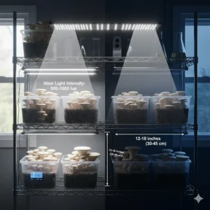 Graphic depicting the ideal light intensity (500-1000 lux) and distance (12-18 inches) for cultivating oyster mushrooms using a grow light.