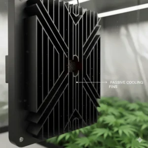 Image highlighting the passive cooling design and heat sinks on an efficient 4x4 grow light to maintain a low operating temperature.