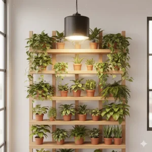 Using a pendant grow light to illuminate a multi-tiered vertical shelf garden indoors.