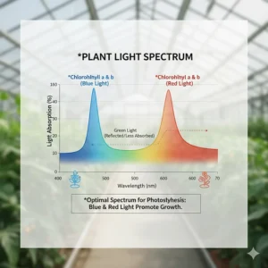 Scientific chart illustrating the absorption peaks of chlorophyll (blue and red) and the optimal light spectrum required for plant growth using greenhouse grow lights.