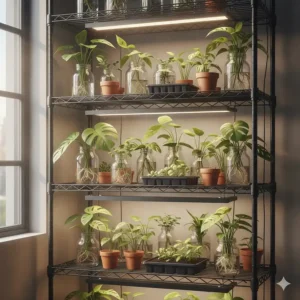 Plant cuttings in jars and rooting trays arranged on grow light shelves, demonstrating the use of the setup for successful indoor plant propagation.