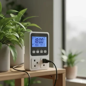Diagram of a modern programmable digital grow light timer with an LCD screen, ideal for setting precise on/off schedules for plant grow lights.