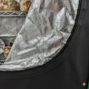 Detail of the durable, thick, and light-blocking material with a highly reflective interior commonly used for quality mushroom grow tents.