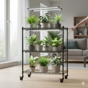 A multi-shelf grow light plant cart on wheels, demonstrating its portability for moving indoor plants around a room.