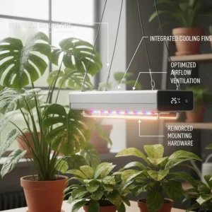 A safe and durable housing design for the grow light heat light combo, highlighting proper ventilation and mounting.