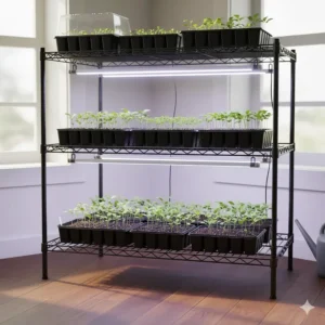 A dedicated two-tier grow light stand specifically used for seed starting, with germination trays placed underneath the lights.