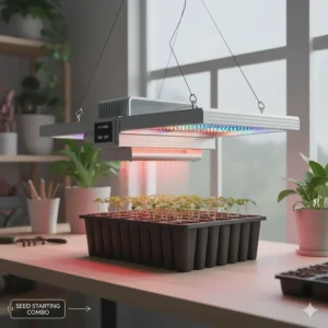 Compact indoor seed starting setup using the grow light heat light combo instead of a separate heat mat.