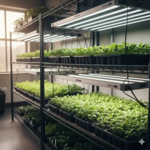 Multiple trays of young vegetable seedlings flourishing on the bottom tier of commercial grow light shelves under T5 fluorescent fixtures.