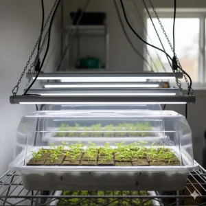 A lower-intensity T5 fluorescent grow light setup used specifically for starting hydroponic seedlings.