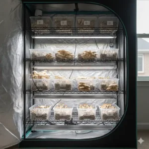 A schematic of a small-scale mushroom tent utilizing T5 fluorescent lights as an energy-efficient mushroom grow light option.