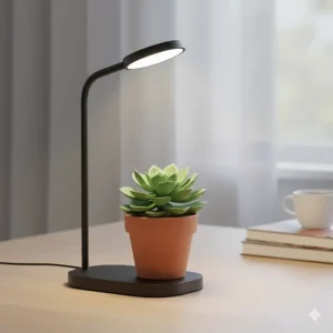 Compact tabletop grow light stand with a single adjustable LED lamp positioned over a small potted succulent on a desk.