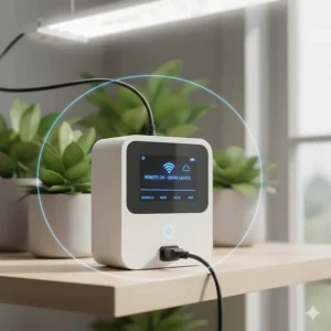 Vector graphic of a Wi-Fi smart grow light timer or controller, highlighting remote access and advanced scheduling capabilities for an automated indoor garden.