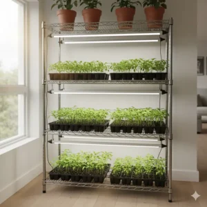 Wire shelving unit converted into a grow light stand for indoor plants, showing multiple tiers of seedlings under fluorescent tube lights.