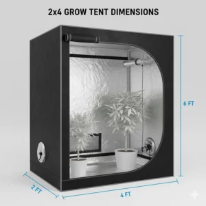 Digital diagram showing the height, width, and depth of a standard 2x4 grow tent for scale.