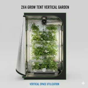 Illustration of a tall 2x4 grow tent setup utilizing vertical space for climbing plants.