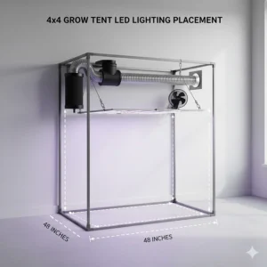 Top-down view illustrating the optimal coverage and recommended wattage for an LED grow light setup inside a 4x4 grow tent.
