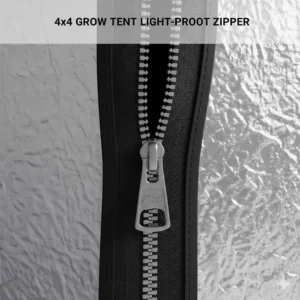 Image detailing the heavy-duty, light-proof zipper and double-stitching construction critical for keeping the 4x4 grow tent completely sealed.