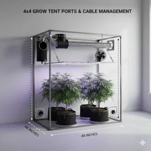 Close-up view of the intake ports, exhaust openings, and drawstring cable management system on a heavy-duty 4x4 grow tent.