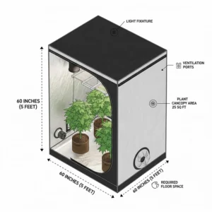 Diagram illustrating the exact 5x5 grow tent dimensions and floor space required for installation in a typical room.