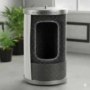 Cutaway diagram illustrating the thick bed of activated carbon media inside the filter cylinder, used for odor control.