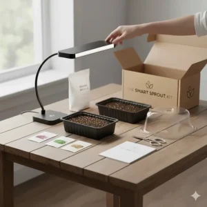 Positioning the full-spectrum LED grow light 3 inches above the microgreens seed tray.