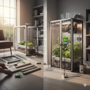 Step-by-step illustration showing the simple assembly process for a DIY grow cabinet kit.