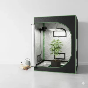 A simple, small grow tent setup recommended for beginners to start indoor gardening with basic equipment.