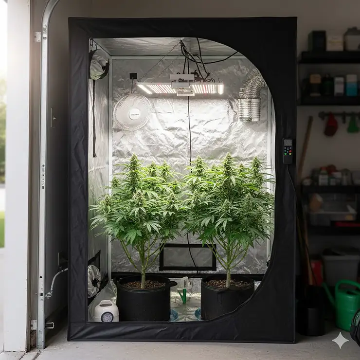 A fully equipped 2x4 grow tent with LED lights, ventilation system, and thriving indoor plants.