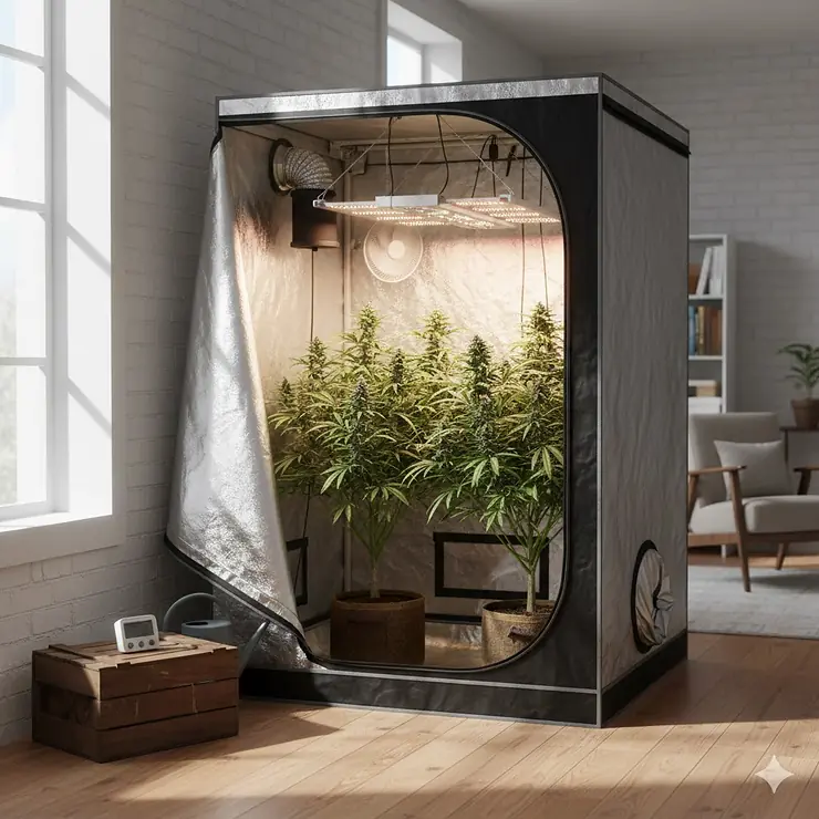 A brightly lit 5x5 grow tent set up in a corner, showing a healthy canopy of plants inside and the zipper door slightly open, highlighting the heavy-duty canvas material. grow tent 5 x 5
