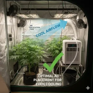 Example image showing the best AC placement and ducting inside a medium-sized grow tent to ensure even cooling and temperature regulation.