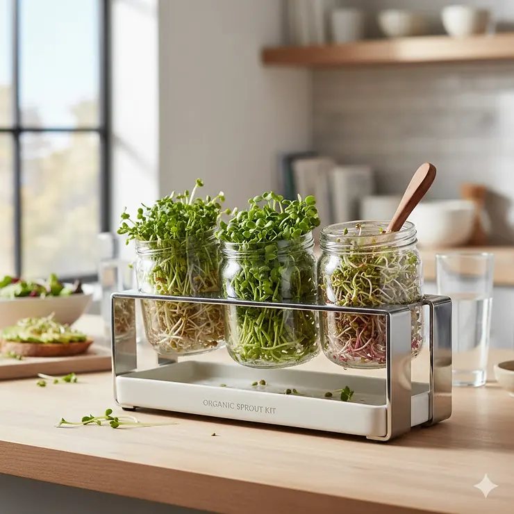 Diagram of the best sprout growing kit components including a wide-mouth mason jar, breathable mesh straining lid, and drainage stand.