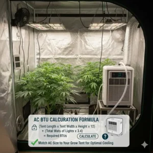 Simple chart or formula used to quickly estimate the required BTU capacity for an AC unit based on the dimensions of a grow tent and lighting type.