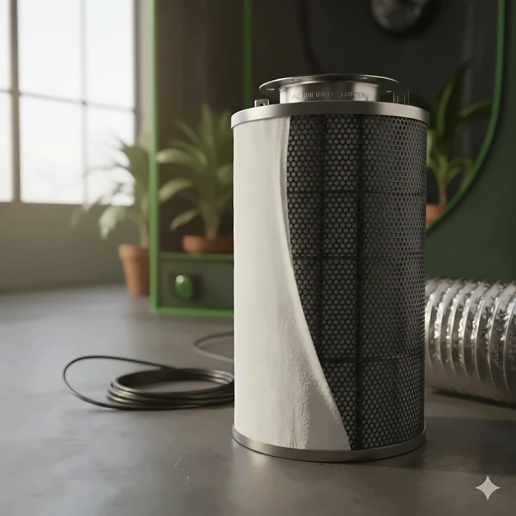 A new, high-quality activated carbon filter for grow tent ventilation systems, shown with mounting flanges and a pre-filter sleeve.