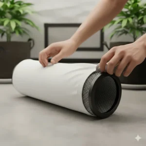A white pre-filter sleeve being placed over the mesh exterior of a carbon filter to catch large dust particles and extend its lifespan.