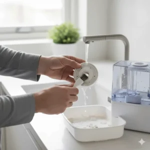 Image of someone cleaning the demineralization filter or removing mineral buildup from the base of a grow tent humidifier.