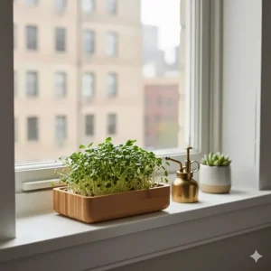 A compact microgreen growing kit sitting on a small apartment windowsill, highlighting its space-saving design for indoor gardening.