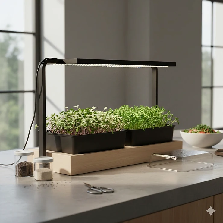 A premium indoor microgreens growing kit with an adjustable LED grow light featuring lush trays of sprouted radish and broccoli greens. microgreens growing kit with light
